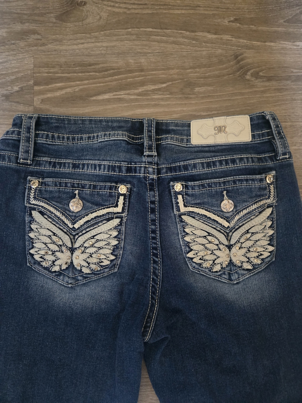Miss Me Dark Blue Bootcut Jeans with Cream Embroidered Wing Pockets